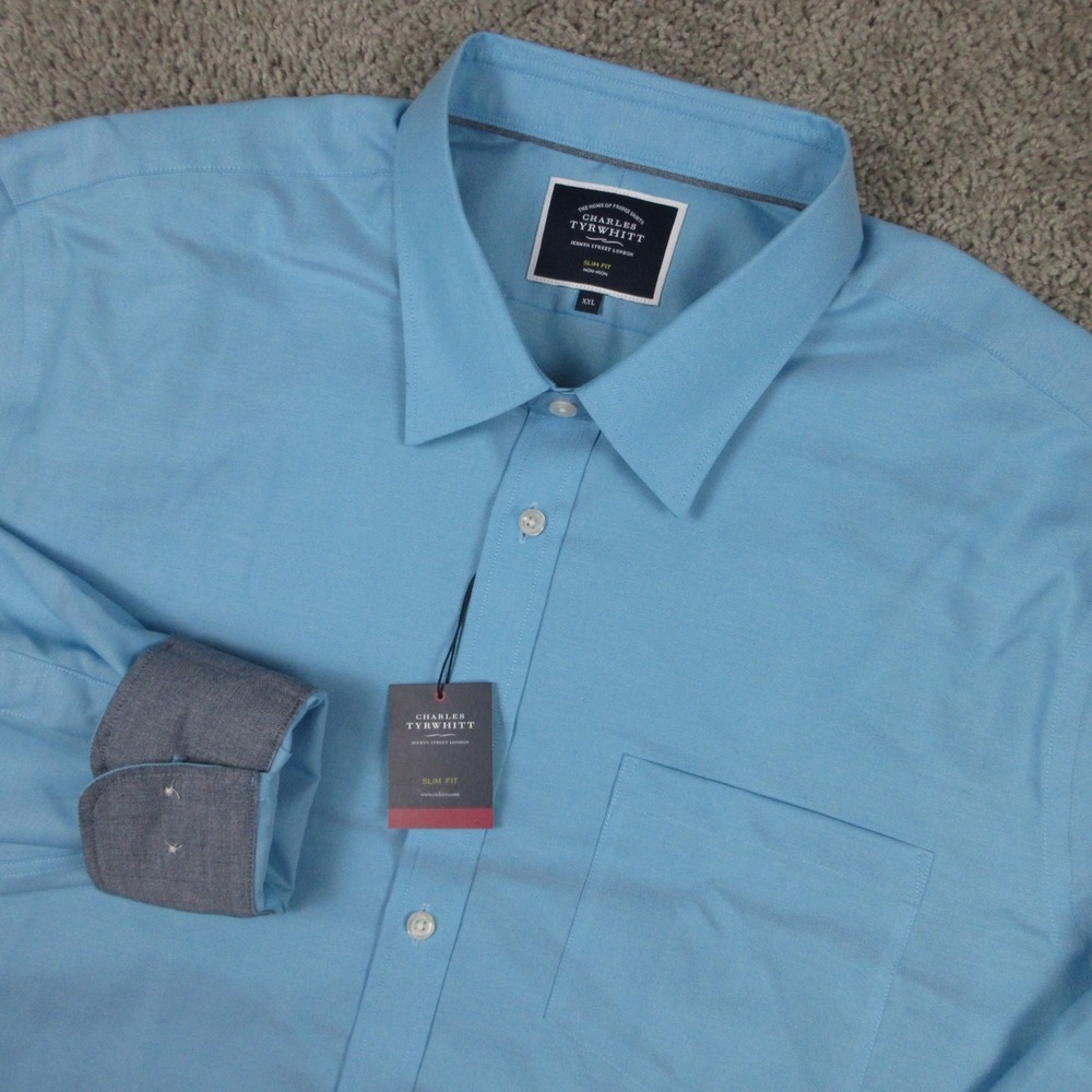 Charles Tyrwhitt Shirt Mens 2XL Blue Slim Fit Non Iron Oxford Cloth Button Up